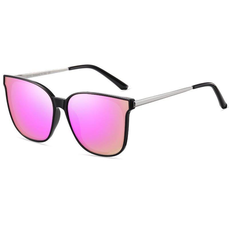 DUCO Oversized Polarized Sunglasses Womens Trendy Mirrored Shades Retro Round Vintage Light Weight UV400 Sun Glasses W016 (02- Black Frame Revo Pink Lens) - Image 1